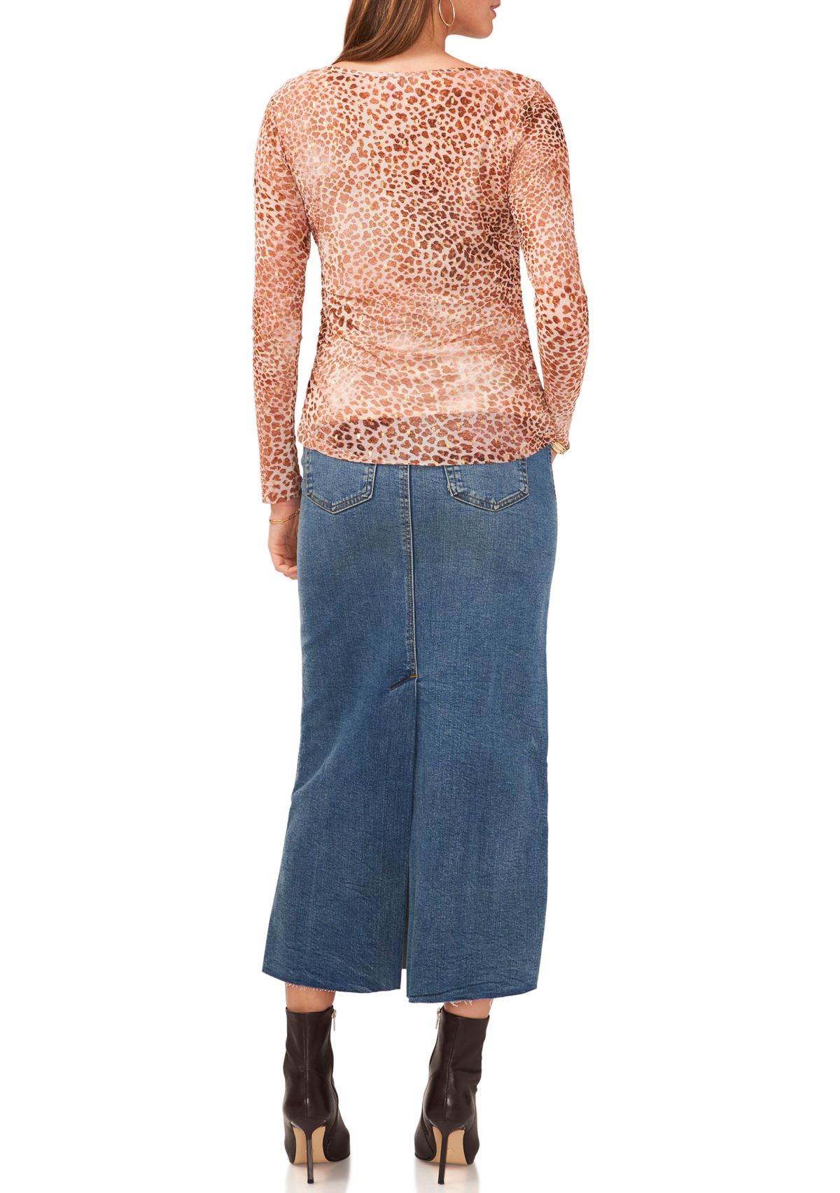 Womens Long Sleeve Side Ruched Animal Print Mesh Top