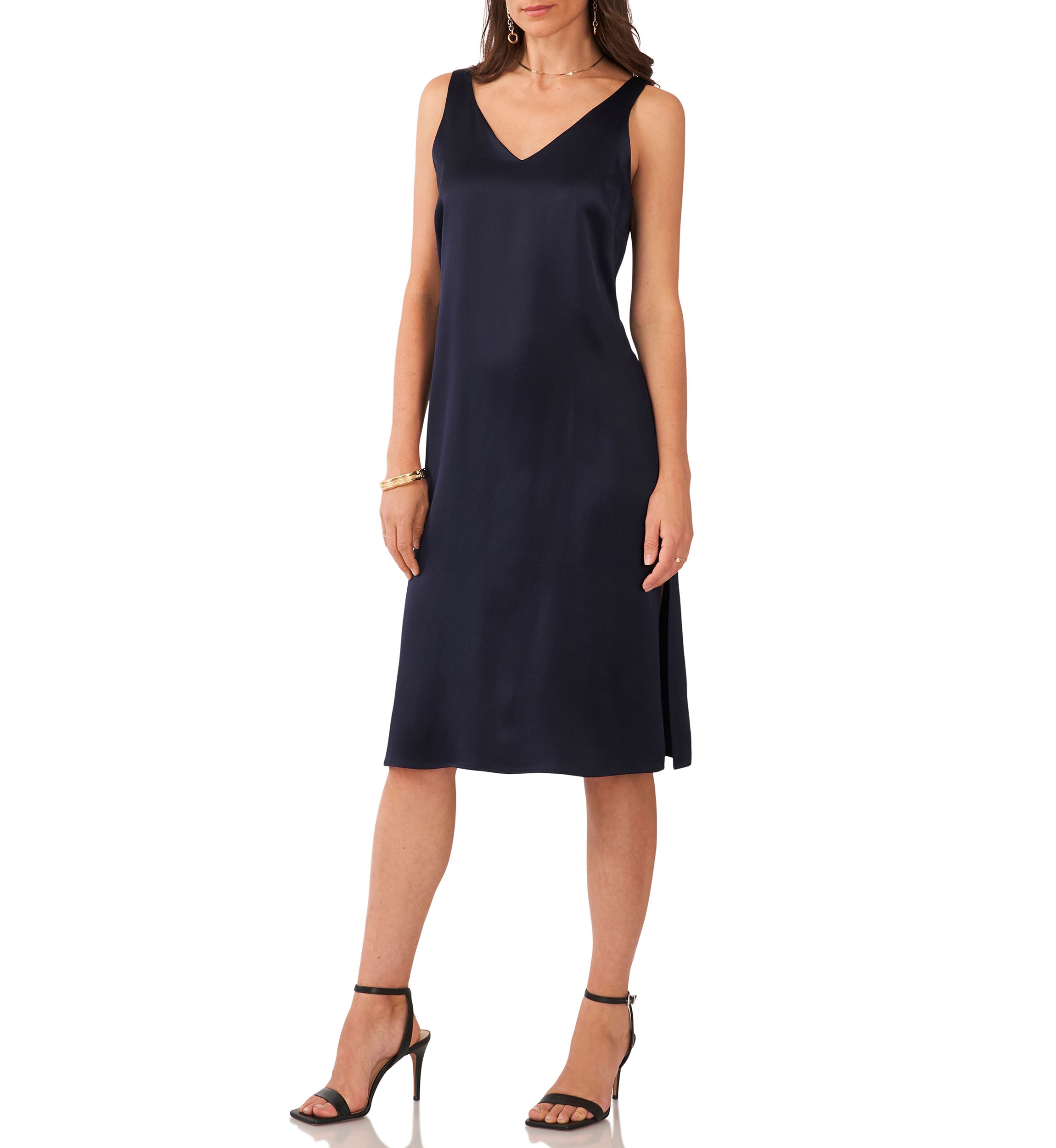 Womens Sleeveless V-Neck Midi Satin Dress