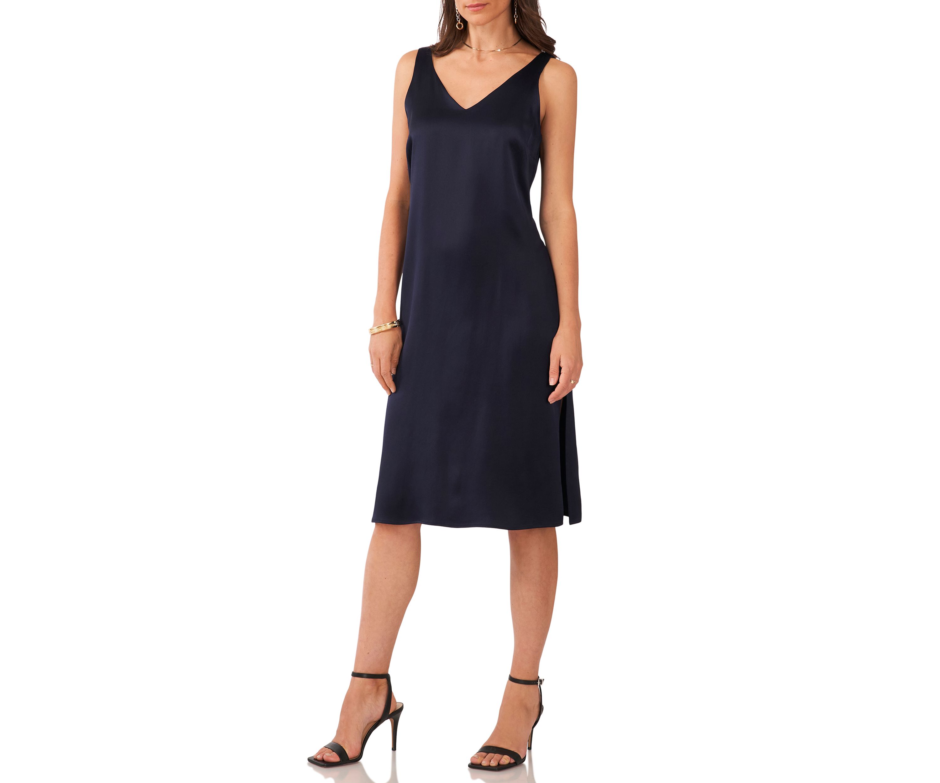 Womens Sleeveless V-Neck Midi Satin Dress