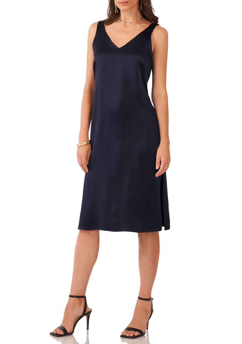 Womens Sleeveless V-Neck Midi Satin Dress