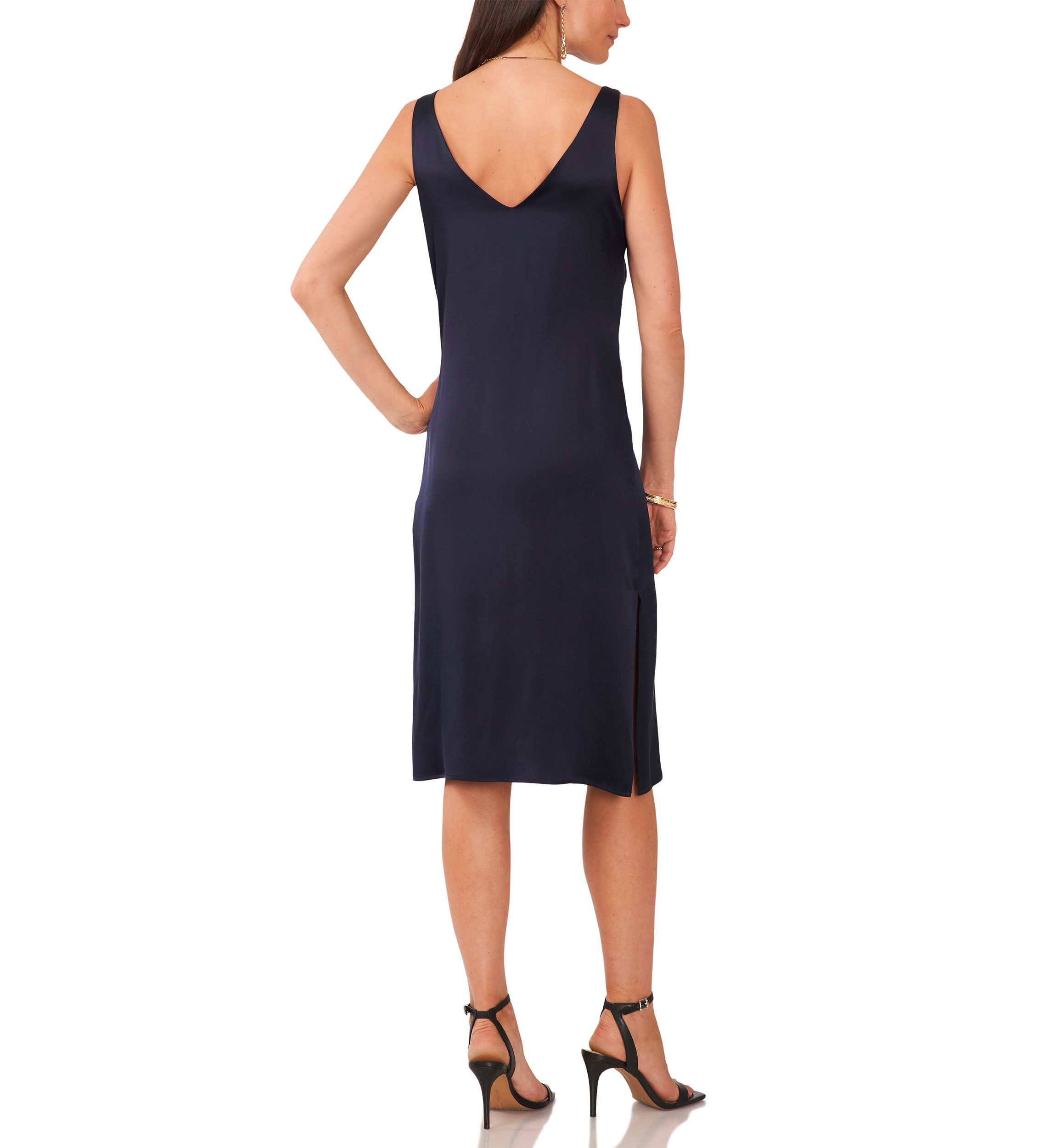 Womens Sleeveless V-Neck Midi Satin Dress