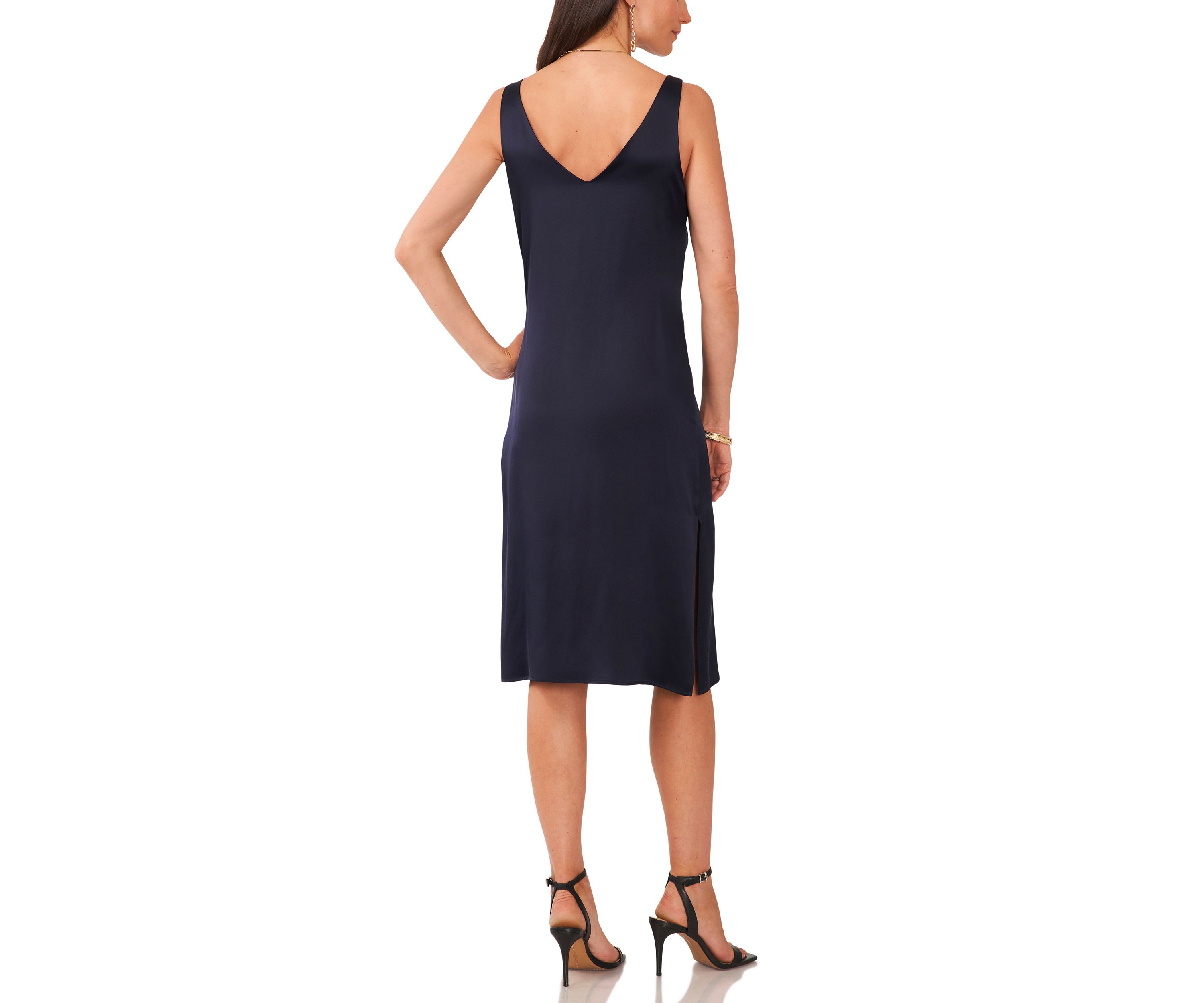 Womens Sleeveless V-Neck Midi Satin Dress