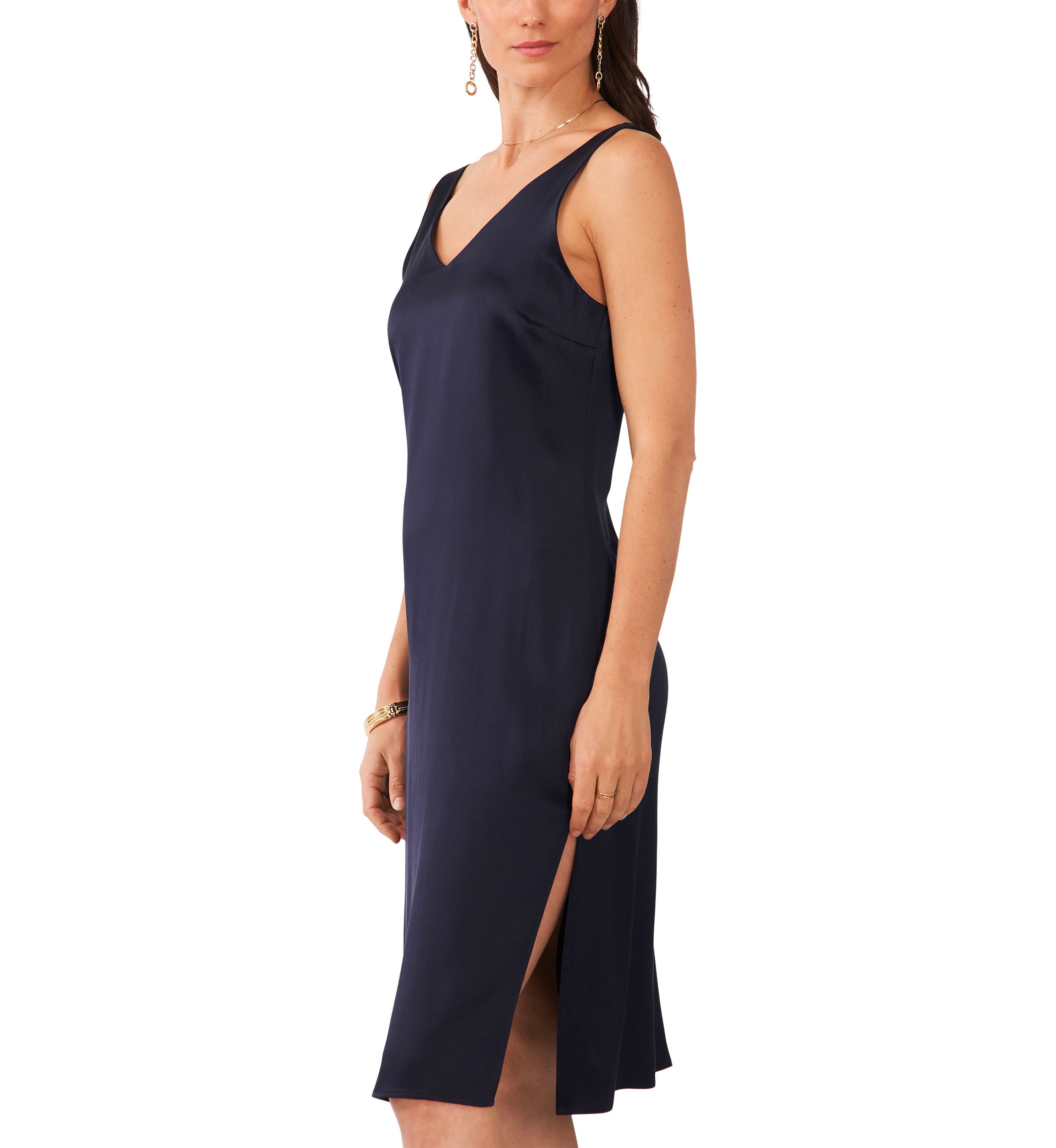 Womens Sleeveless V-Neck Midi Satin Dress