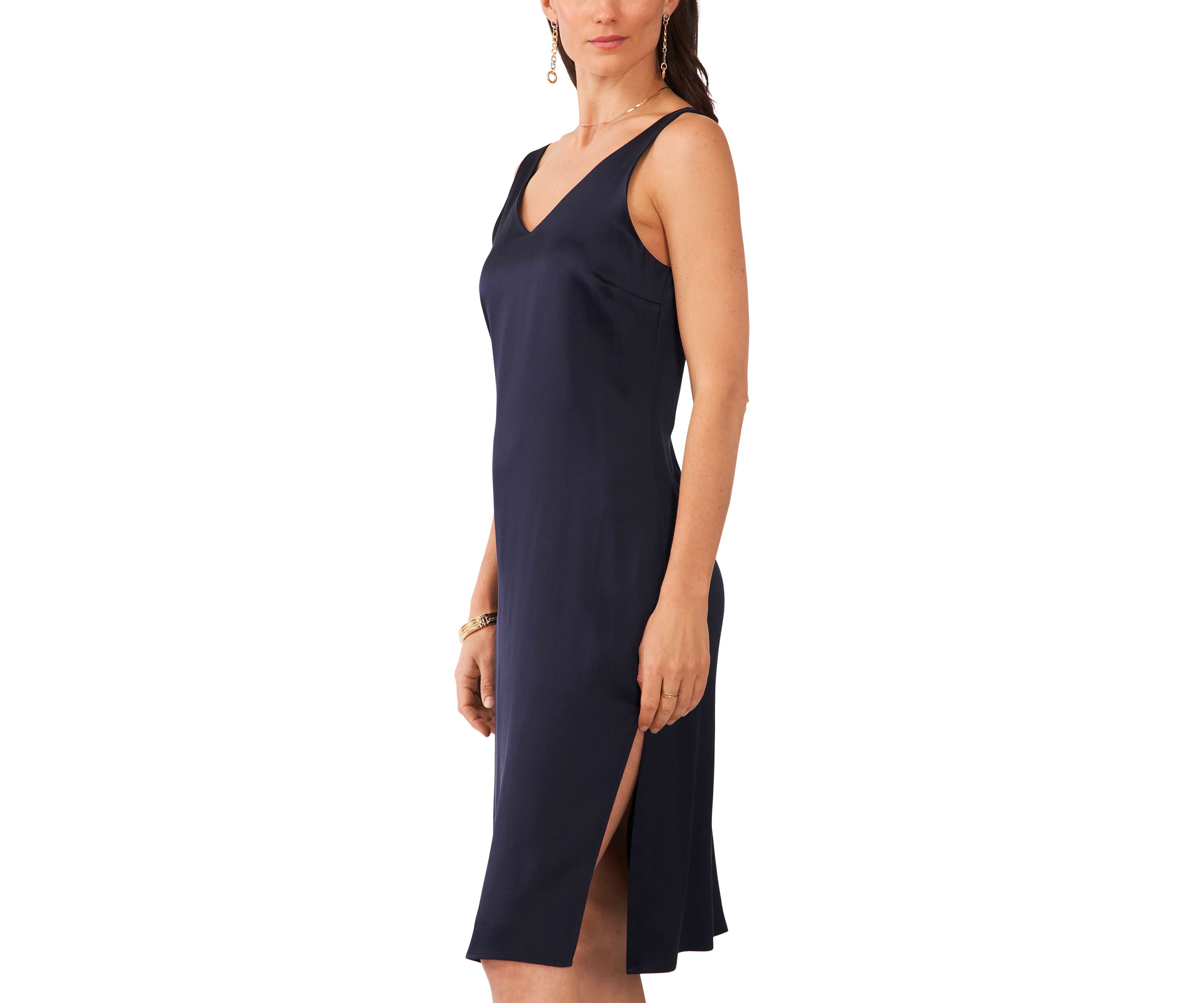 Womens Sleeveless V-Neck Midi Satin Dress