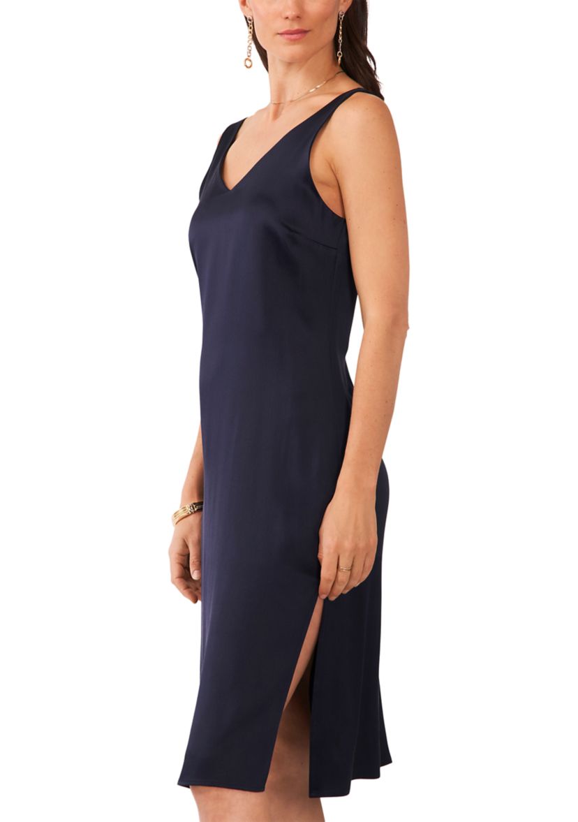 Womens Sleeveless V-Neck Midi Satin Dress