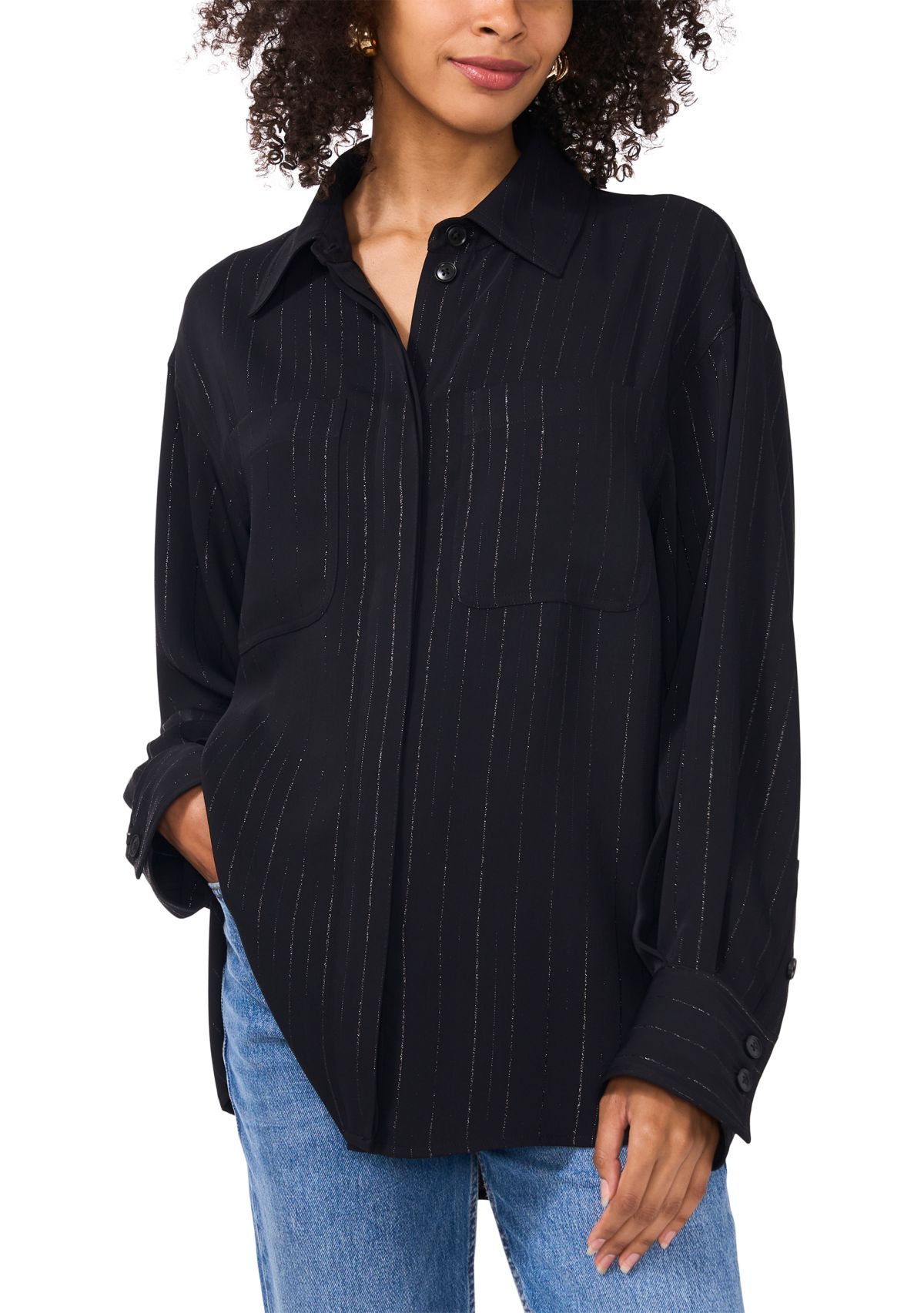 Womens Long Sleeve Glitter Stripe Shirt