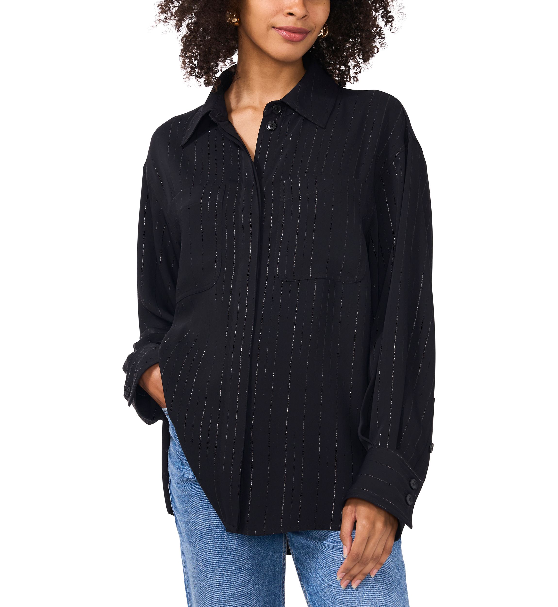 Womens Long Sleeve Glitter Stripe Shirt