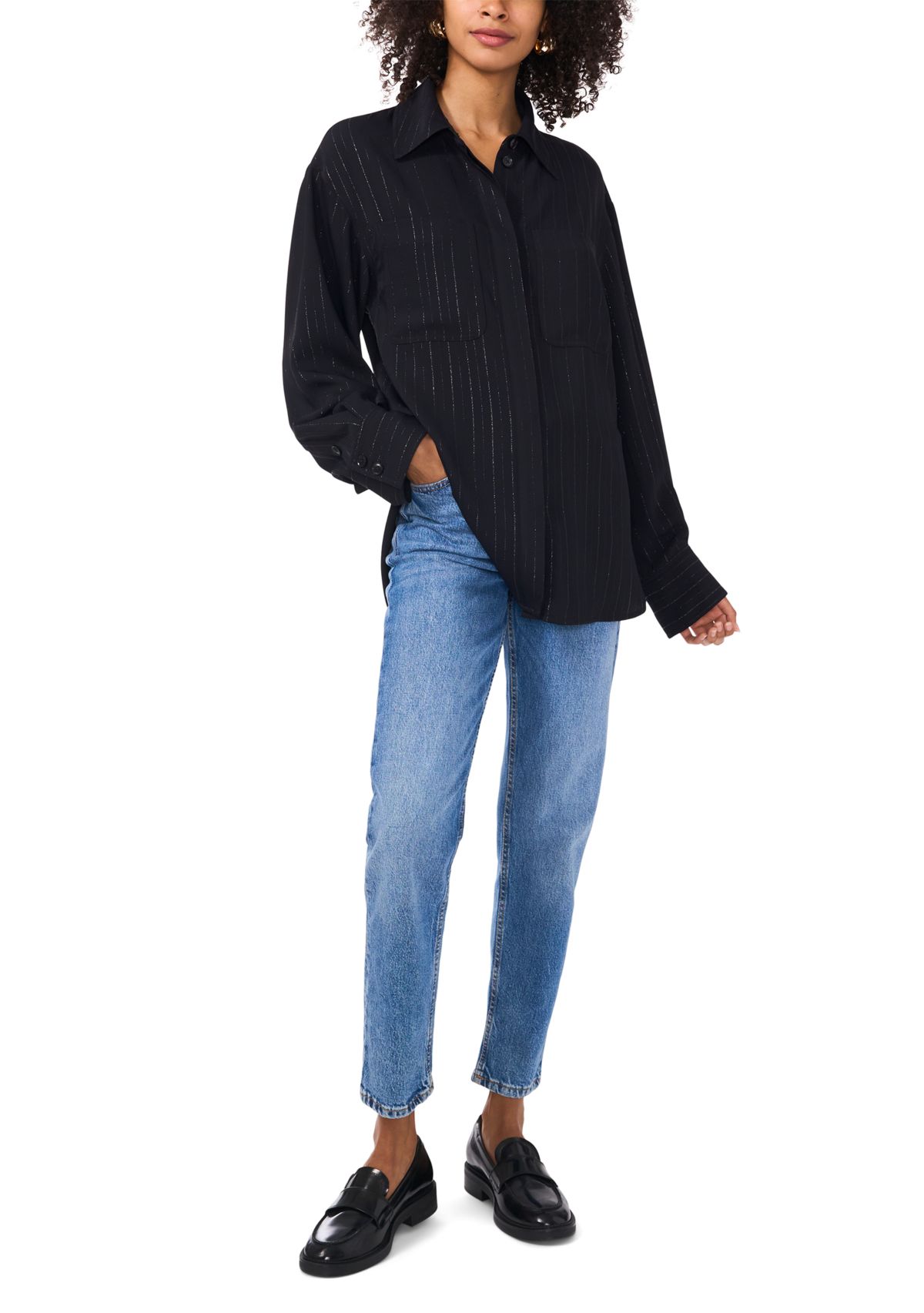 Womens Long Sleeve Glitter Stripe Shirt