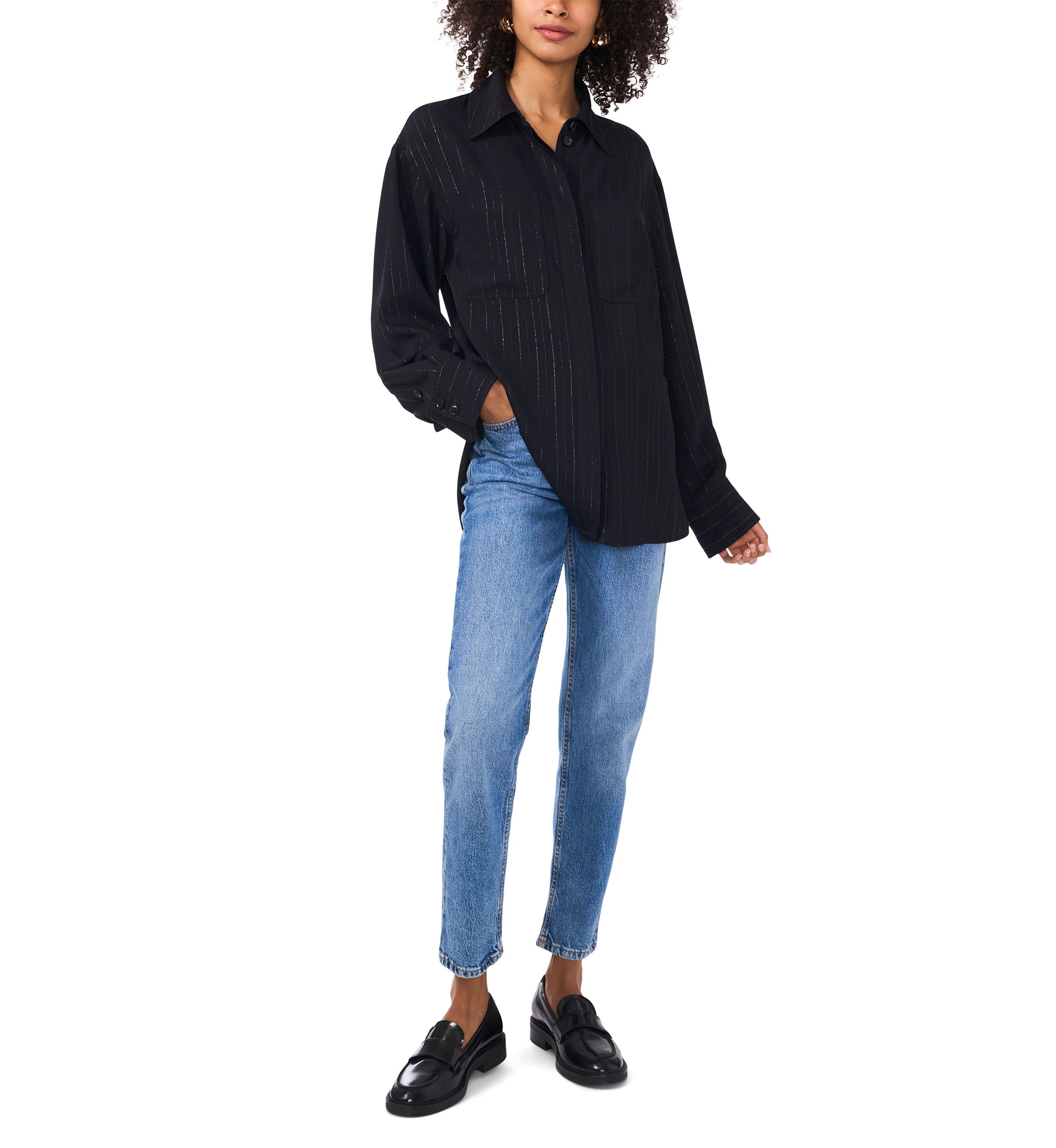 Womens Long Sleeve Glitter Stripe Shirt