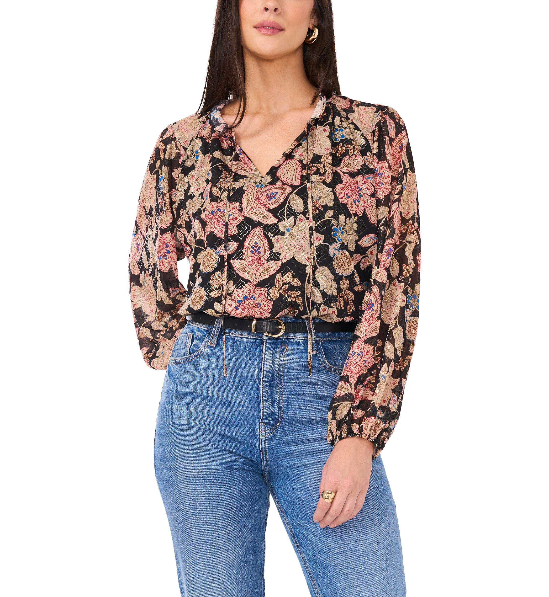 Womens Long Sleeve Tie Neck Floral Blouse