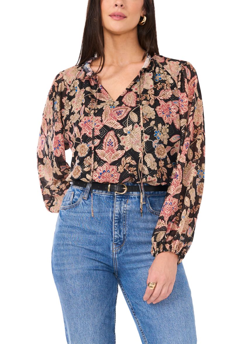 Womens Long Sleeve Tie Neck Floral Blouse