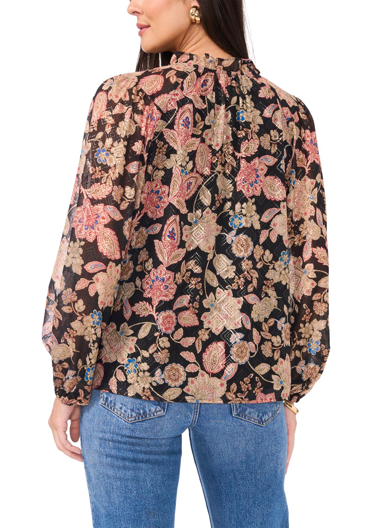 Womens Long Sleeve Tie Neck Floral Blouse