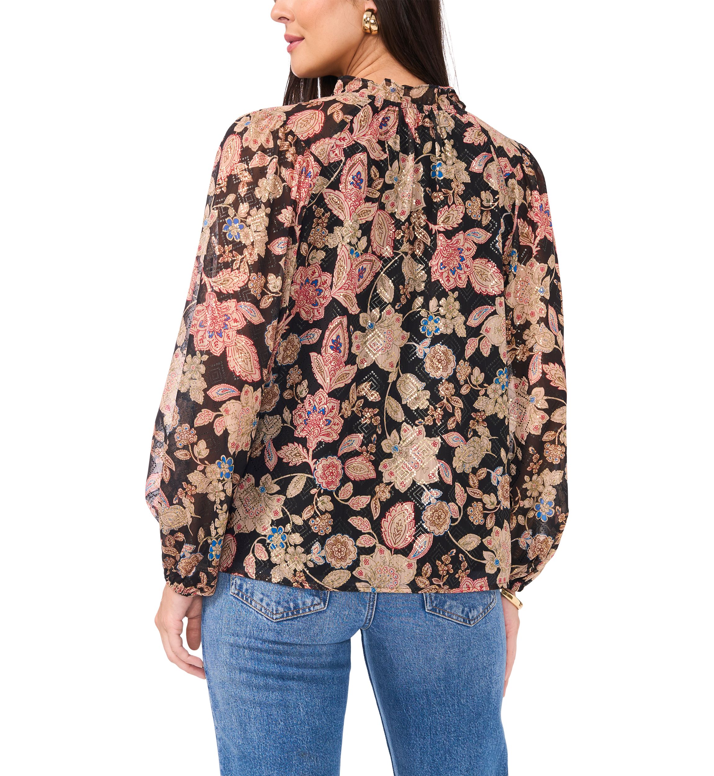 Womens Long Sleeve Tie Neck Floral Blouse
