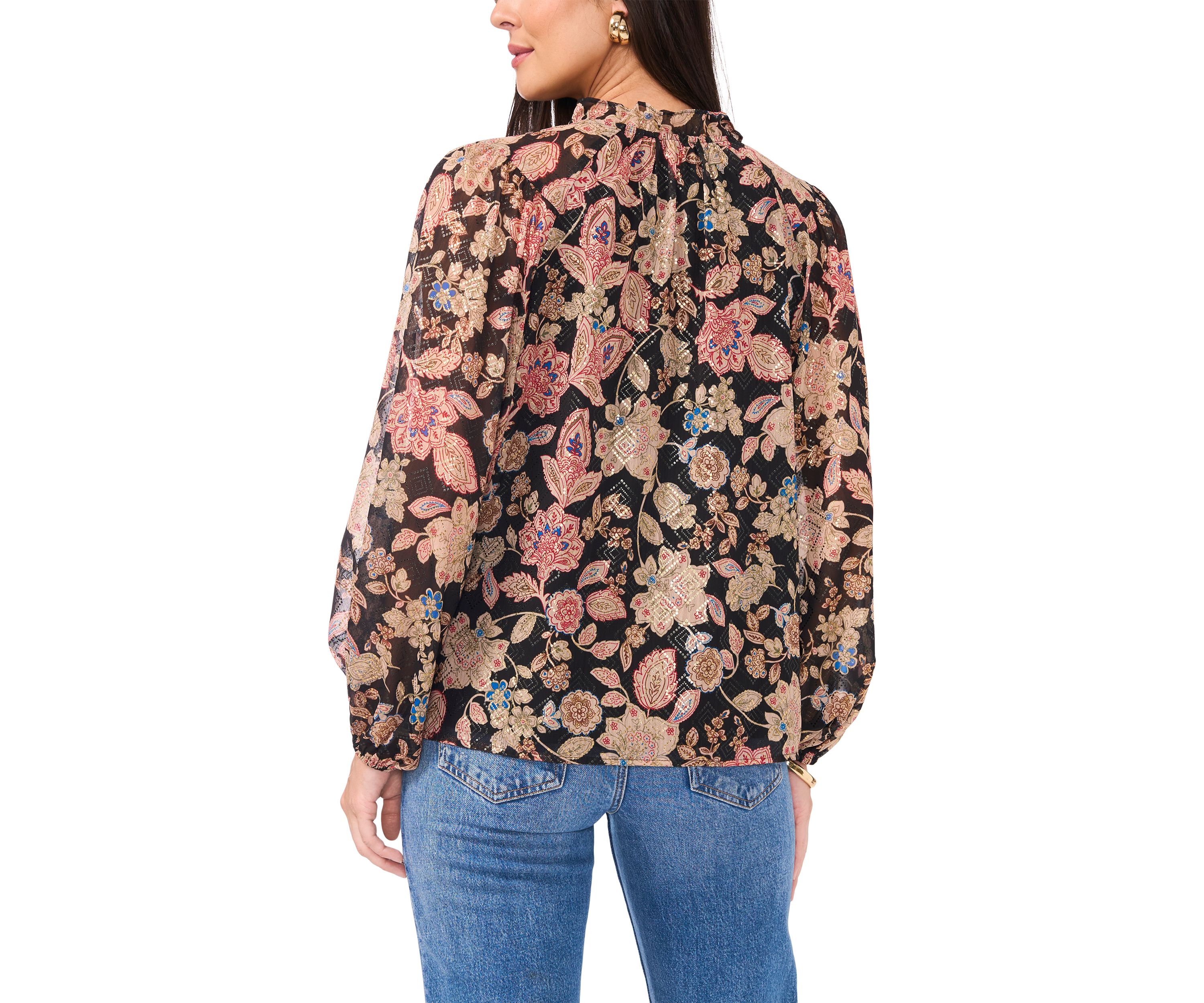 Womens Long Sleeve Tie Neck Floral Blouse