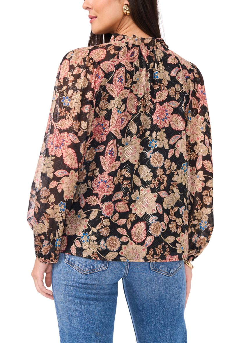 Womens Long Sleeve Tie Neck Floral Blouse