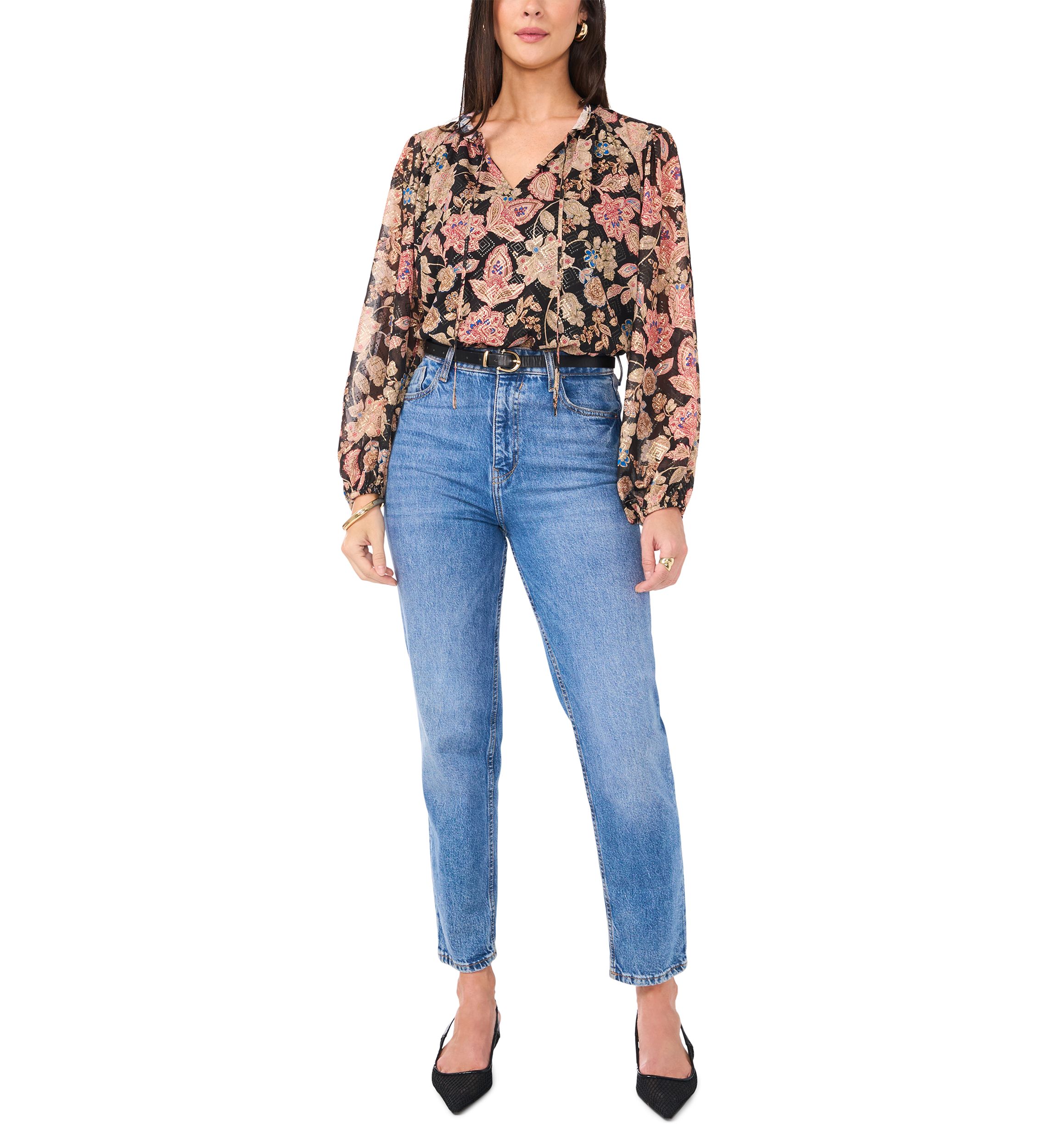 Womens Long Sleeve Tie Neck Floral Blouse