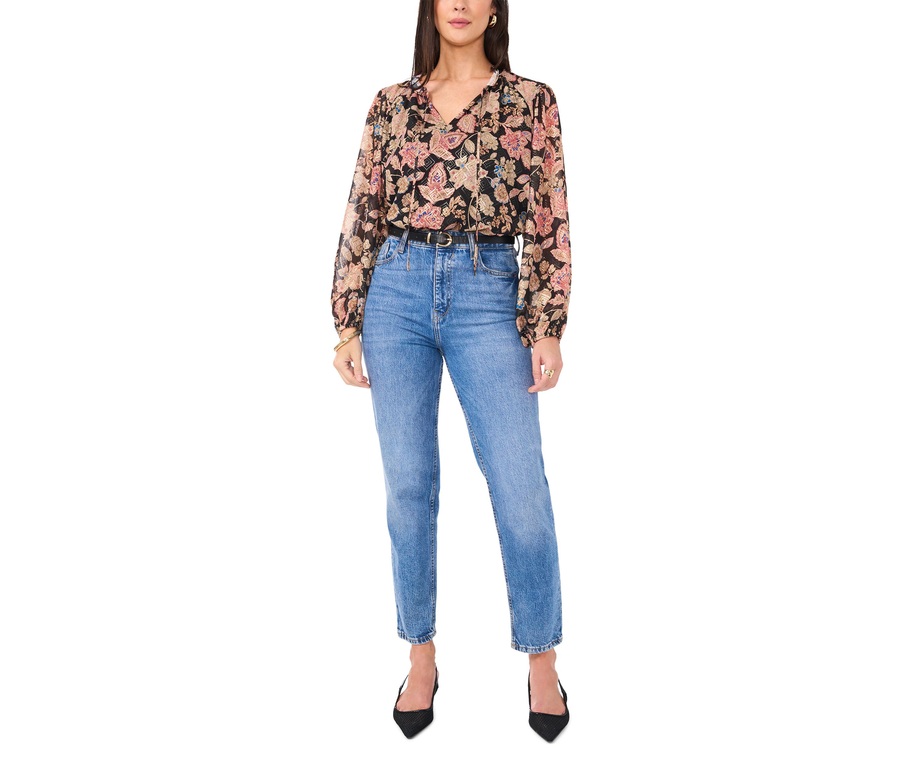 Womens Long Sleeve Tie Neck Floral Blouse