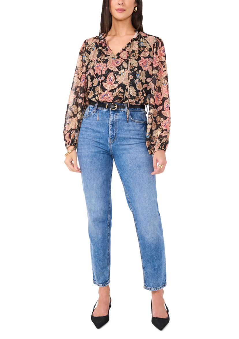 Womens Long Sleeve Tie Neck Floral Blouse