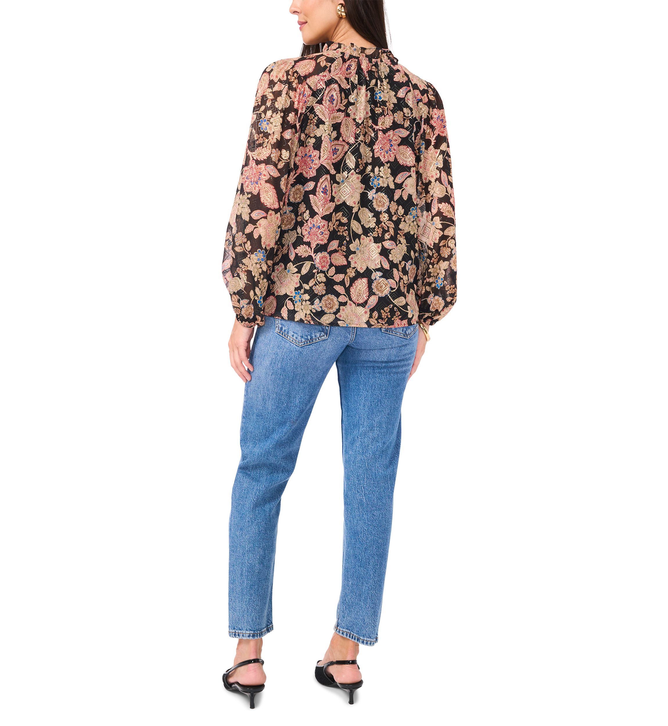 Womens Long Sleeve Tie Neck Floral Blouse