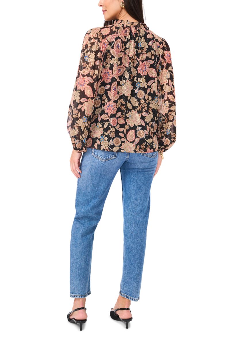 Womens Long Sleeve Tie Neck Floral Blouse