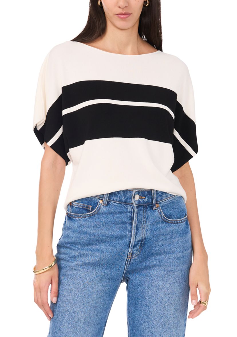 Womens Short Dolman Sleeve Stripe Sweater