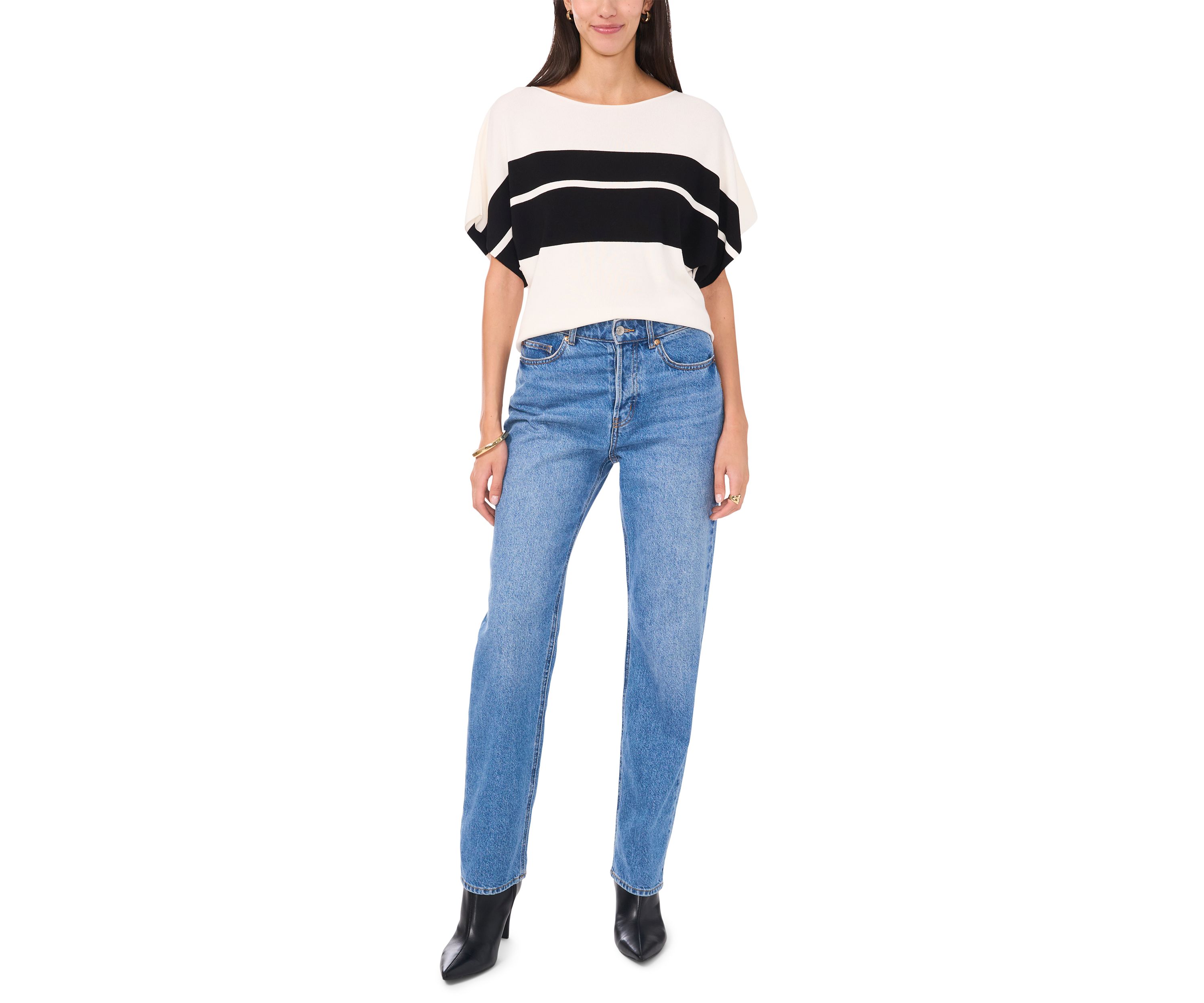 Womens Short Dolman Sleeve Stripe Sweater