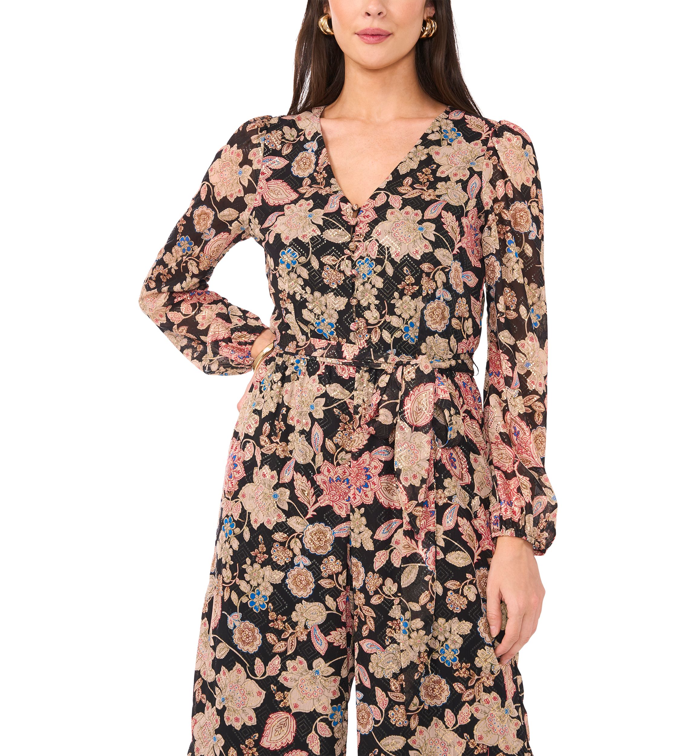 Womens Long Sleeve Floral Jumpsuit