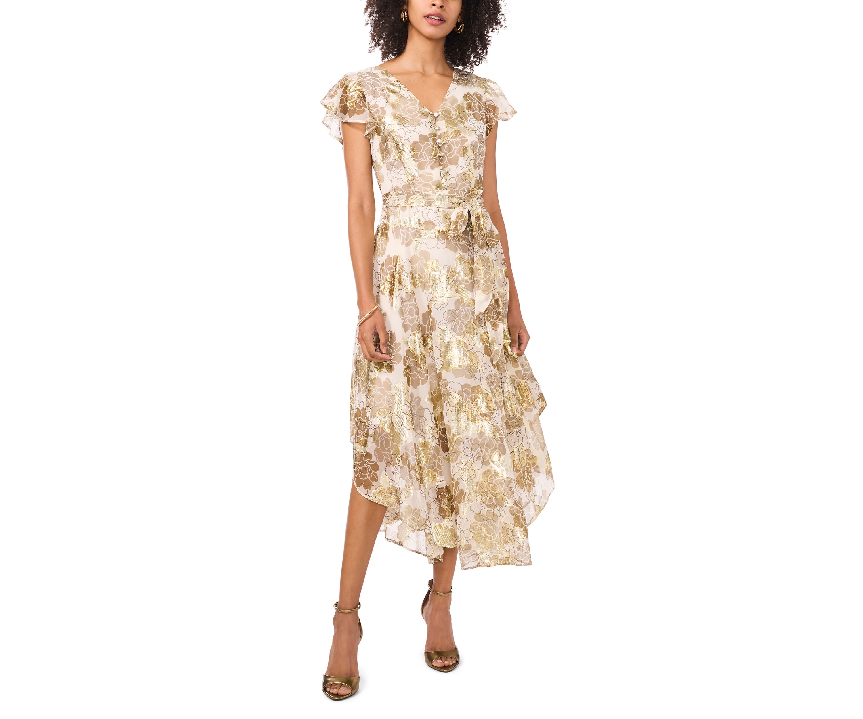 Womens Flutter Sleeve Floral Print Wrap Dress