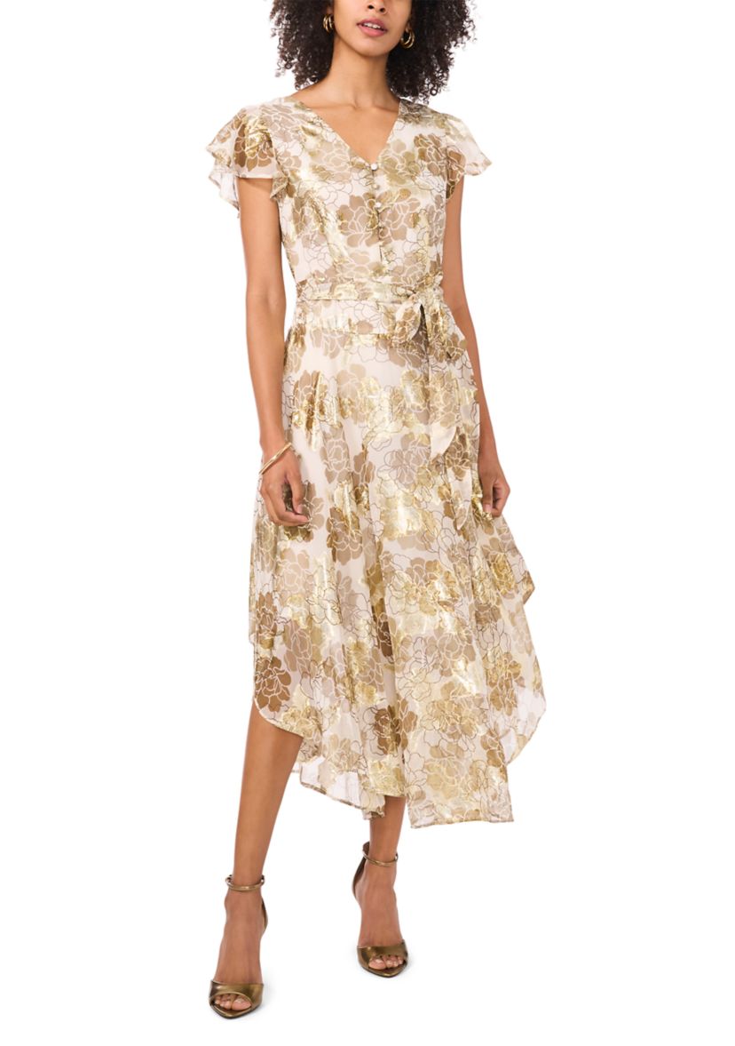 Womens Flutter Sleeve Floral Print Wrap Dress