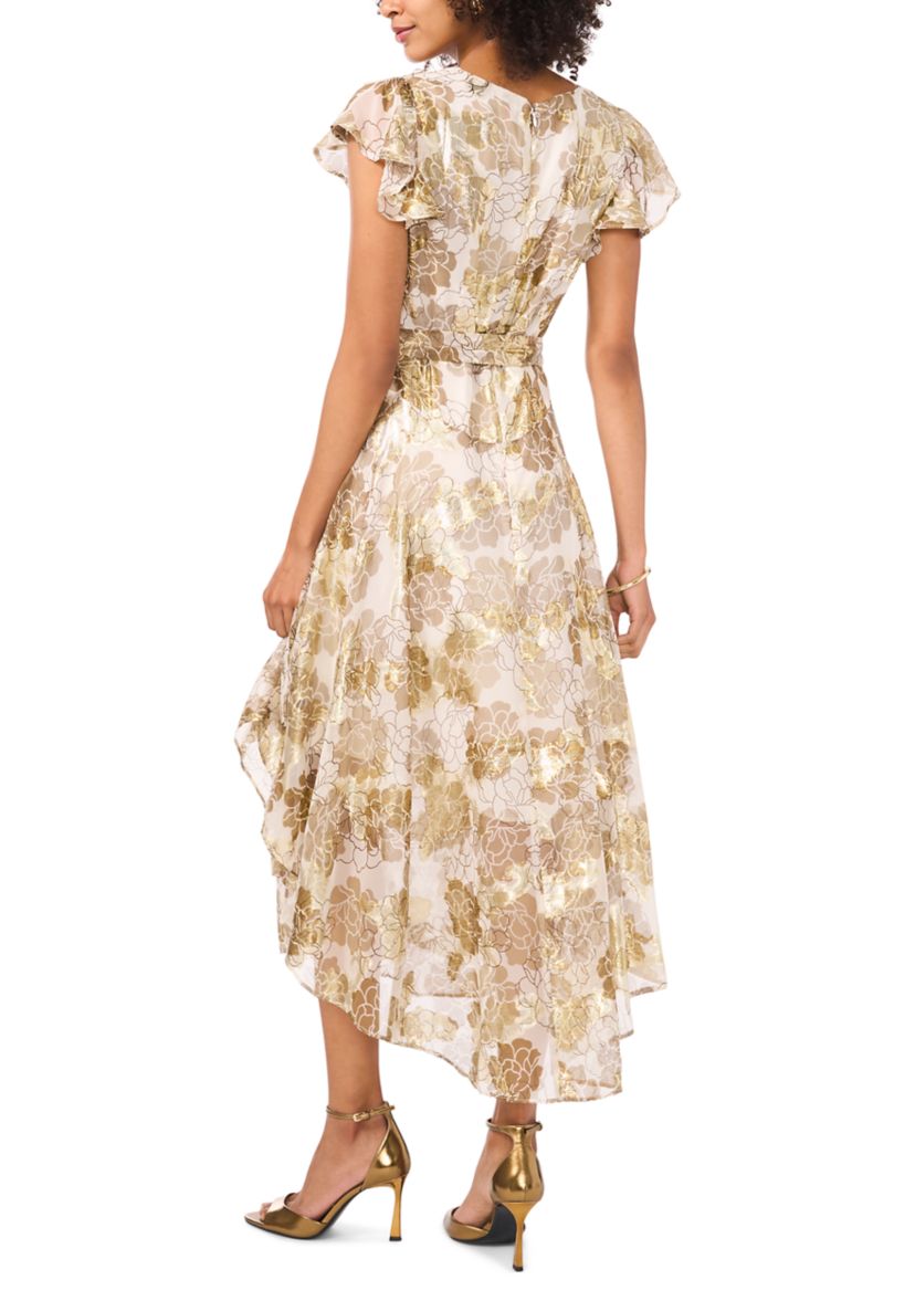 Womens Flutter Sleeve Floral Print Wrap Dress