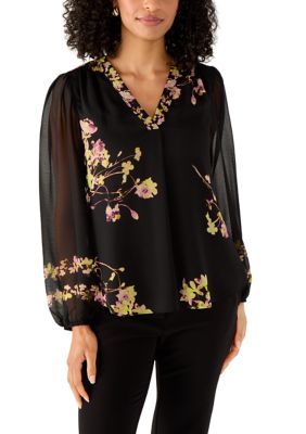 Vince Camuto Women's Long Sleeve Floral V-Neck Blouse, Black, Small
