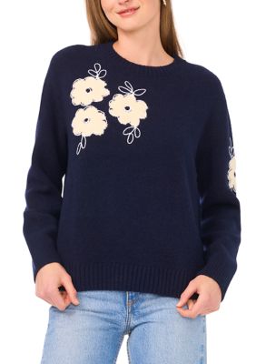Vince Camuto Women's Stitch Detail Floral Sweater, Navy Blue, Medium