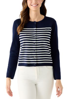 Vince Camuto Women's Long Sleeve Striped Cardigan, Navy Blue, XL