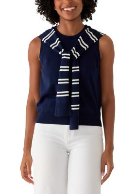 Vince Camuto Women's Sleeveless Striped Cardigan Twofer Top, Navy Blue, XL