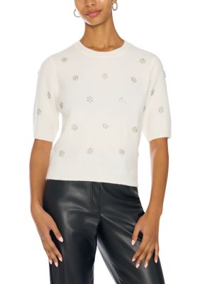 Vince Camuto Women's Short Sleeve Embellished Crew Neck Sweater, White, XL