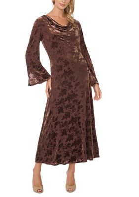 Vince Camuto Women's Long Flare Sleeve Cowl Neck Burnout Velvet Dress