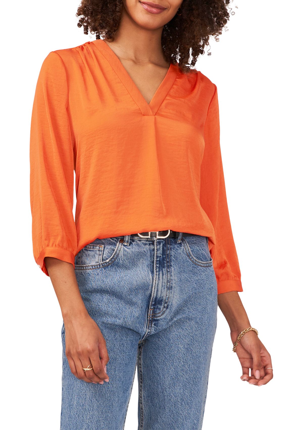 Womens Blouson Sleeve V-Neck Blouse