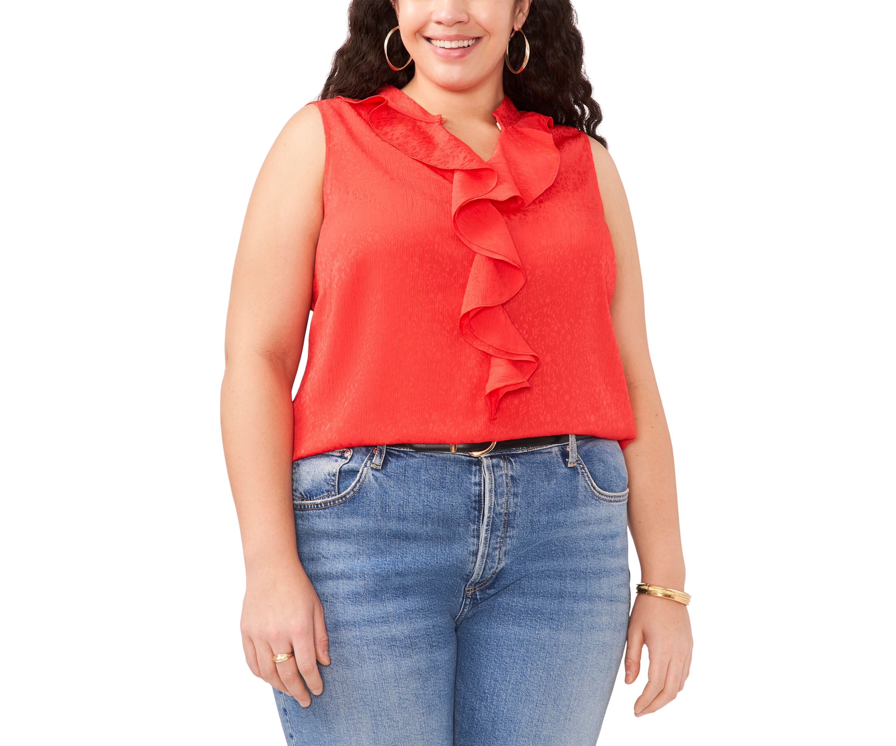 Plus Size Sleeveless Split Neck Ruffle Front Blouse with Tie