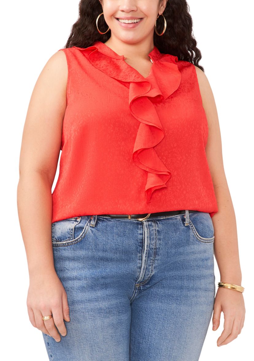 Plus Size Sleeveless Split Neck Ruffle Front Blouse with Tie