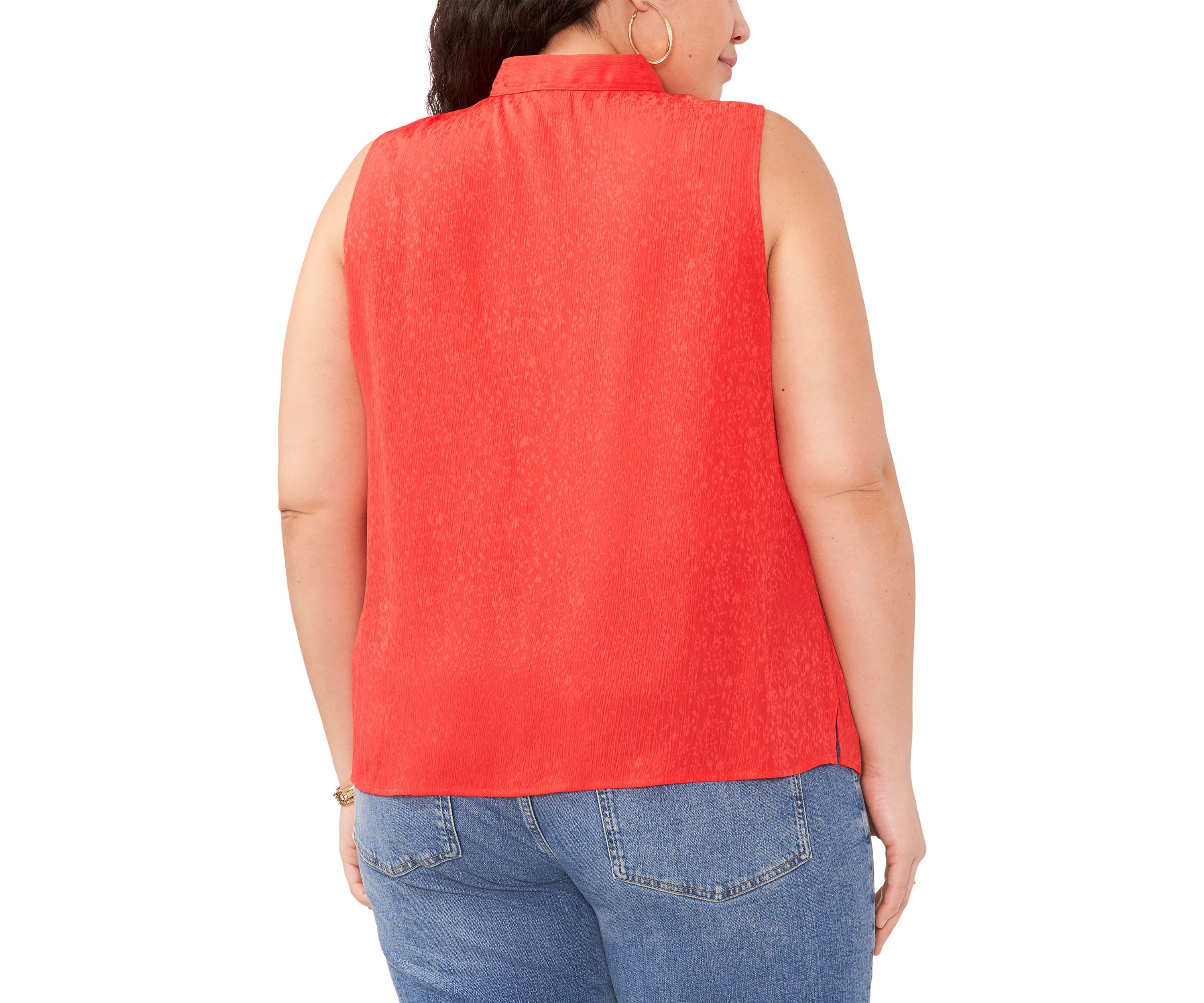 Plus Size Sleeveless Split Neck Ruffle Front Blouse with Tie
