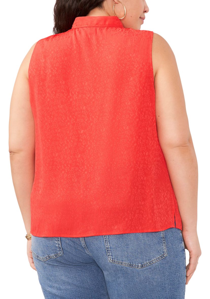 Plus Size Sleeveless Split Neck Ruffle Front Blouse with Tie