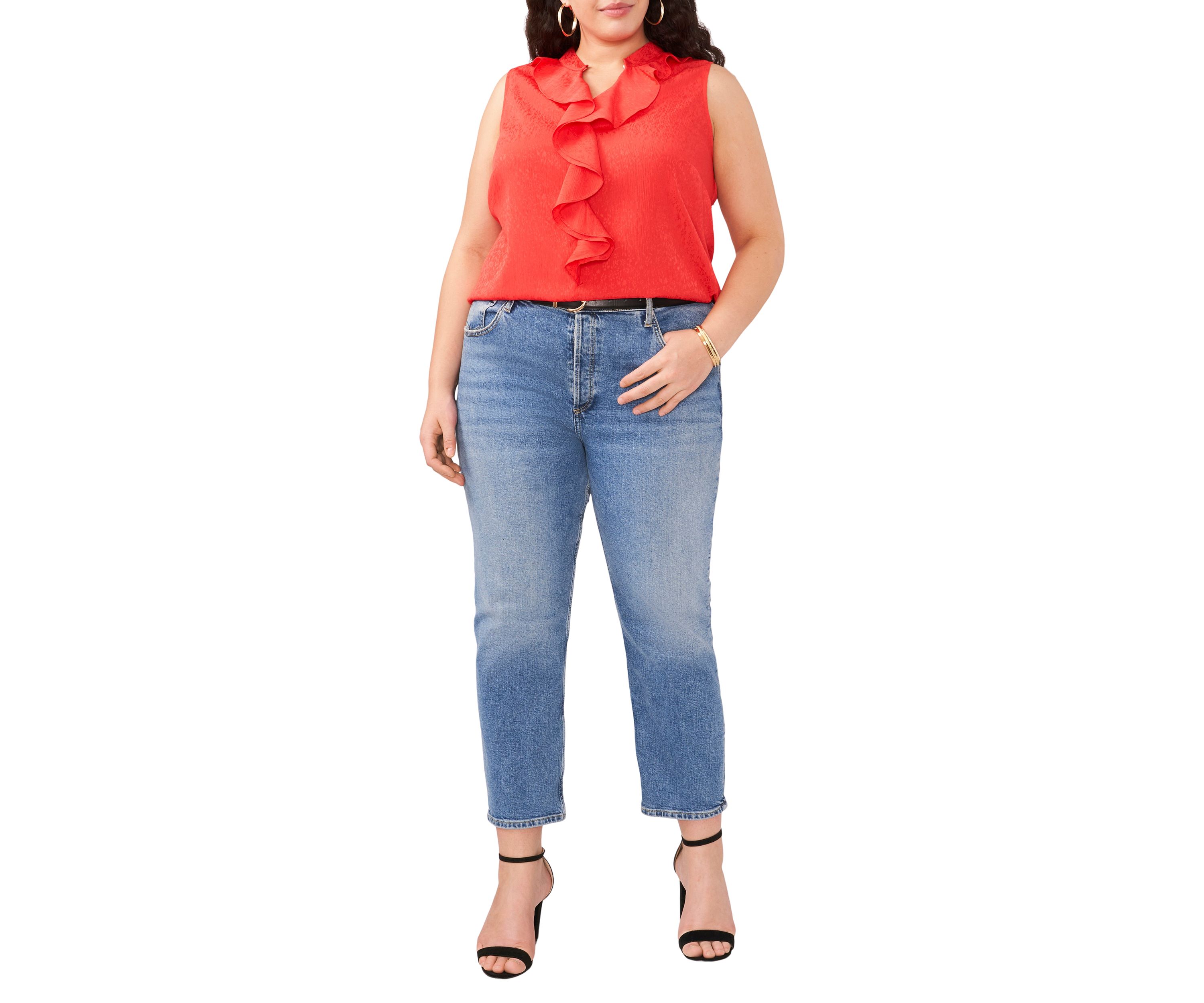 Plus Size Sleeveless Split Neck Ruffle Front Blouse with Tie