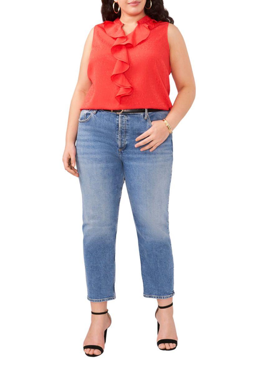 Plus Size Sleeveless Split Neck Ruffle Front Blouse with Tie