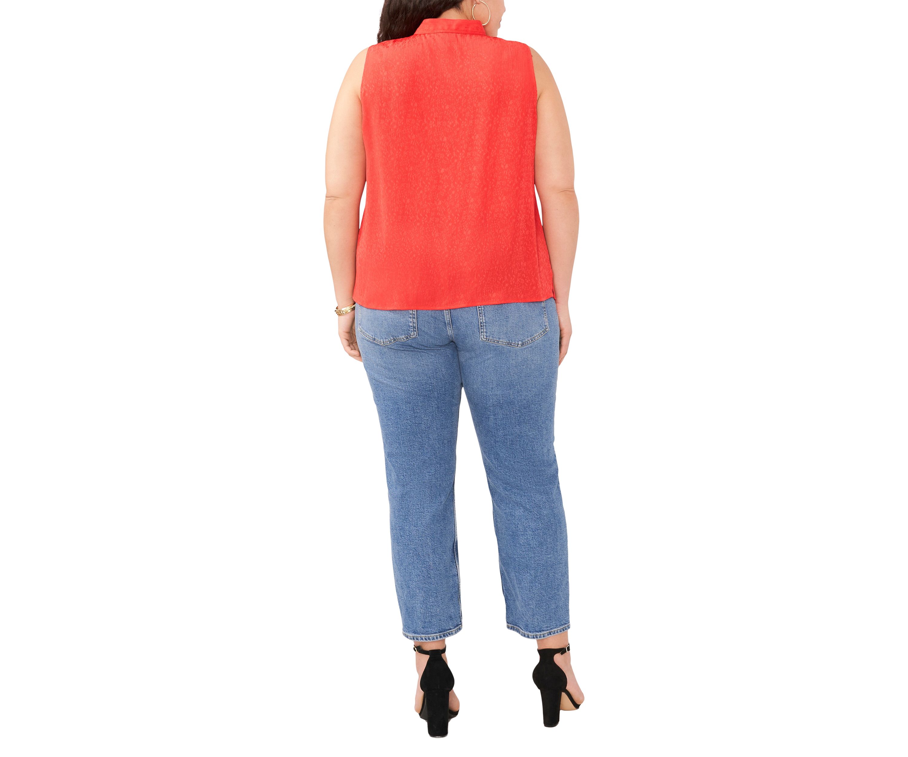 Plus Size Sleeveless Split Neck Ruffle Front Blouse with Tie