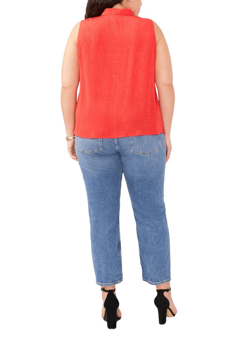 Plus Size Sleeveless Split Neck Ruffle Front Blouse with Tie
