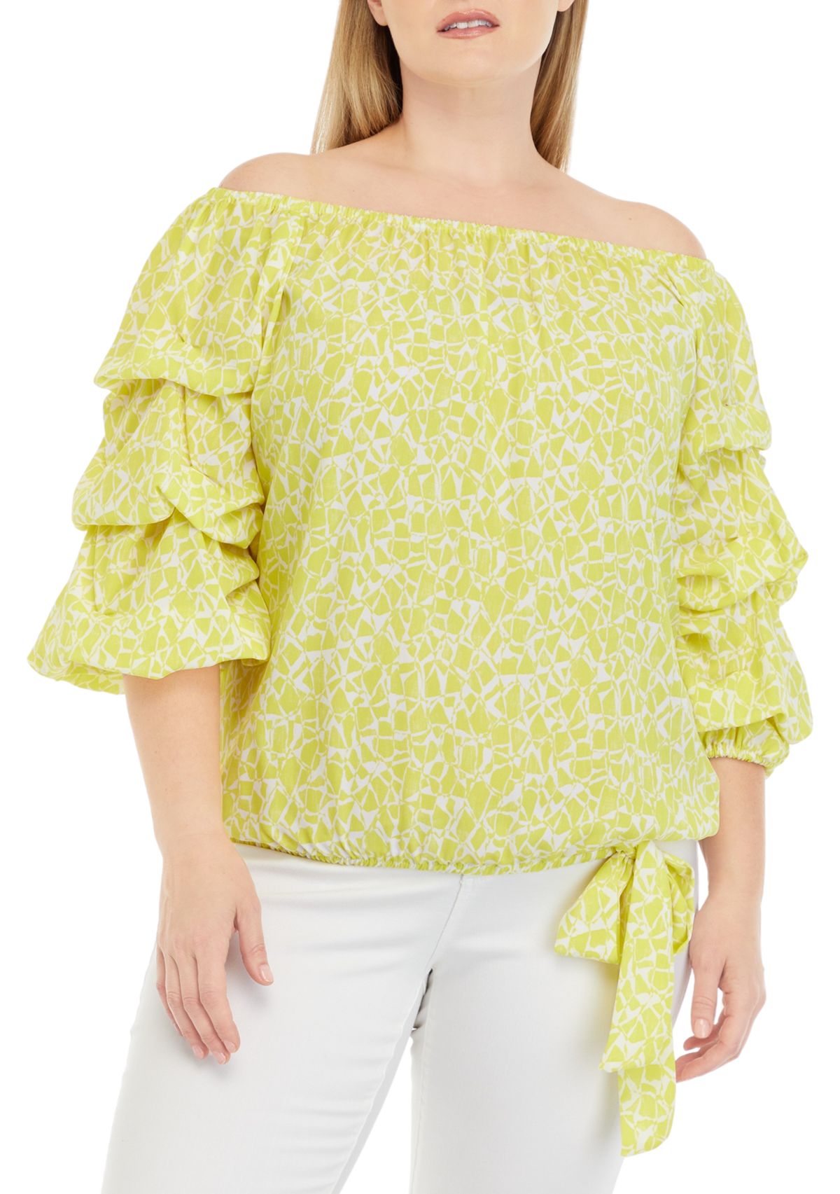 Plus Size Off the Shoulder Bubble Sleeve Blouse with Tie