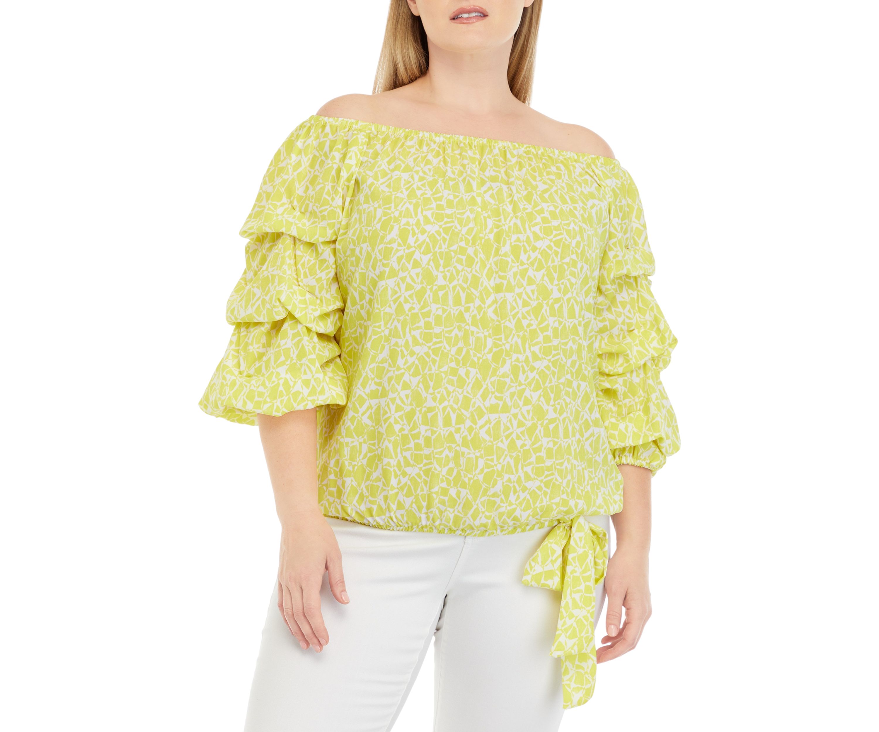 Plus Size Off the Shoulder Bubble Sleeve Blouse with Tie