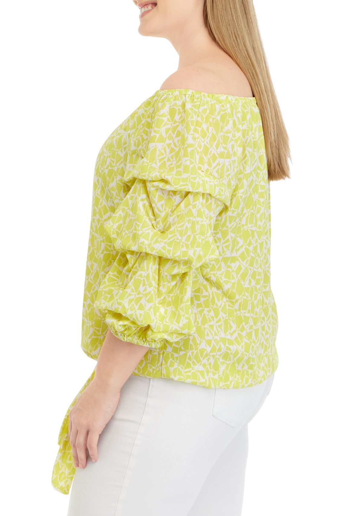 Plus Size Off the Shoulder Bubble Sleeve Blouse with Tie