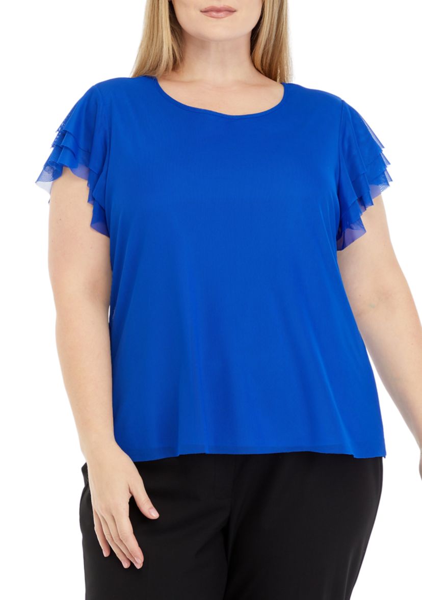Plus Size Crew Neck Blouse with Flutter Sleeves