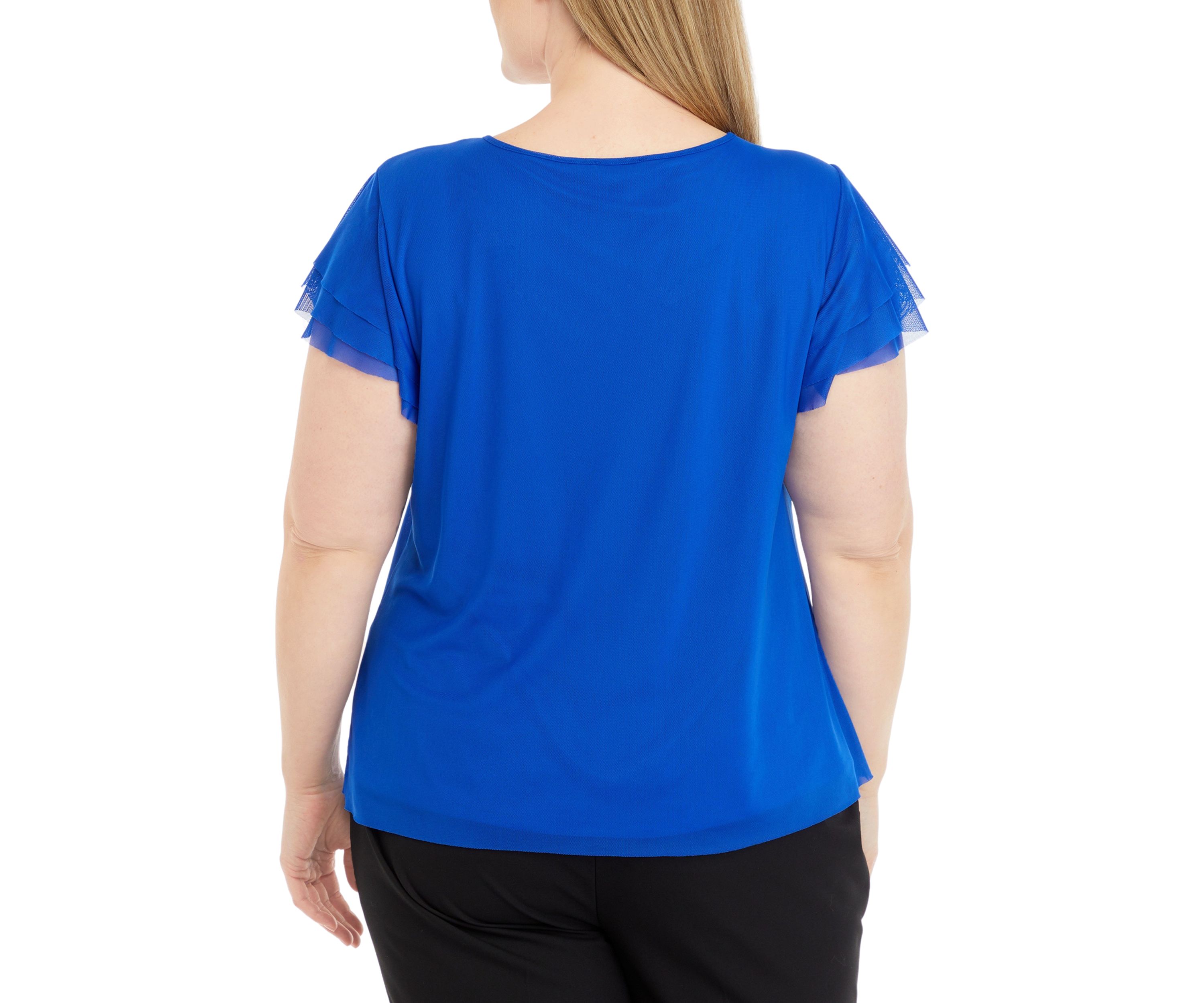 Plus Size Crew Neck Blouse with Flutter Sleeves